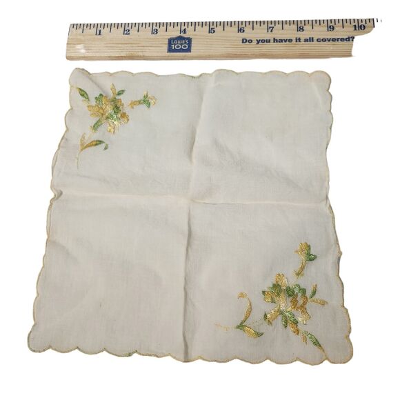 VTG HANKIE YELLOW EMBROIDERED FLOWERS COLORFUL GRAPHIC POCKET SCARF BRIDE - Picture 4 of 4